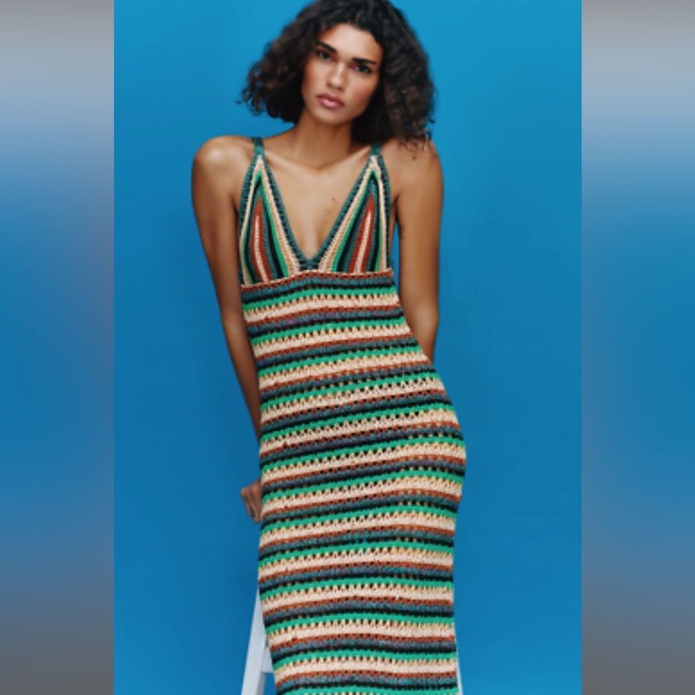 NEW ZARA 2022 MULTICOLOR CROCHET STRIPE KNIT LONG DRESS SIZE S RARE